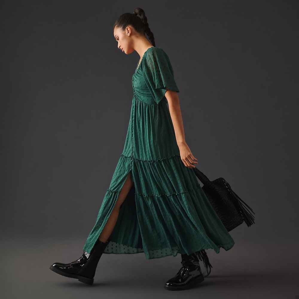 Anthropologie Ruched Tiered Maxi Dress Green Swiss Dot Flutter Sleeve Small